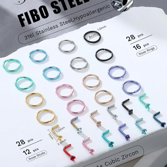 28PCS Stainless Steel Nose Rings Hoops Studs Hypoallergenic Jewelry Set - Picture 2 of 9